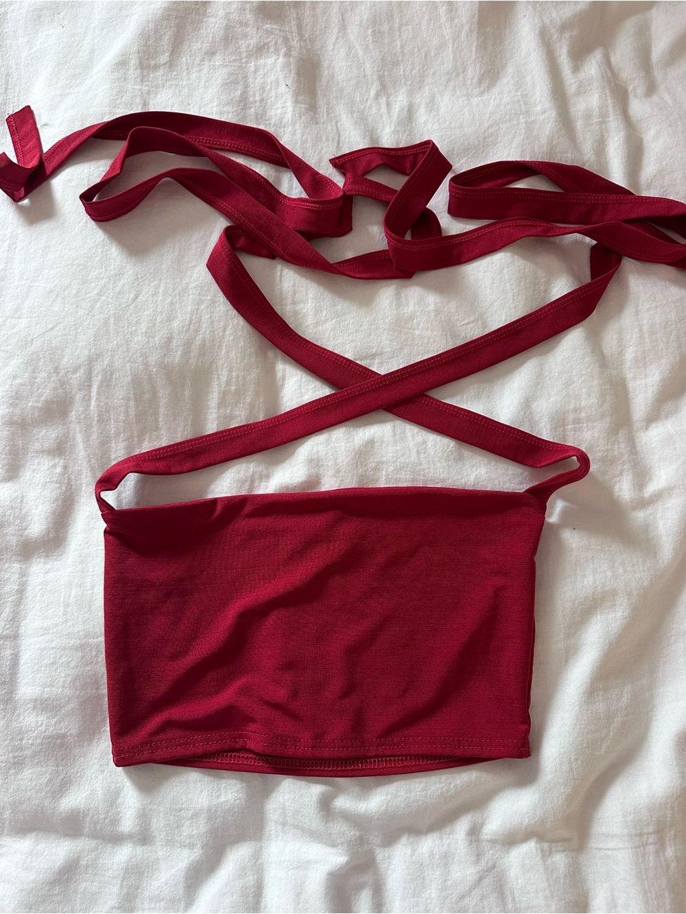 Red tie-up bandeau crop top
